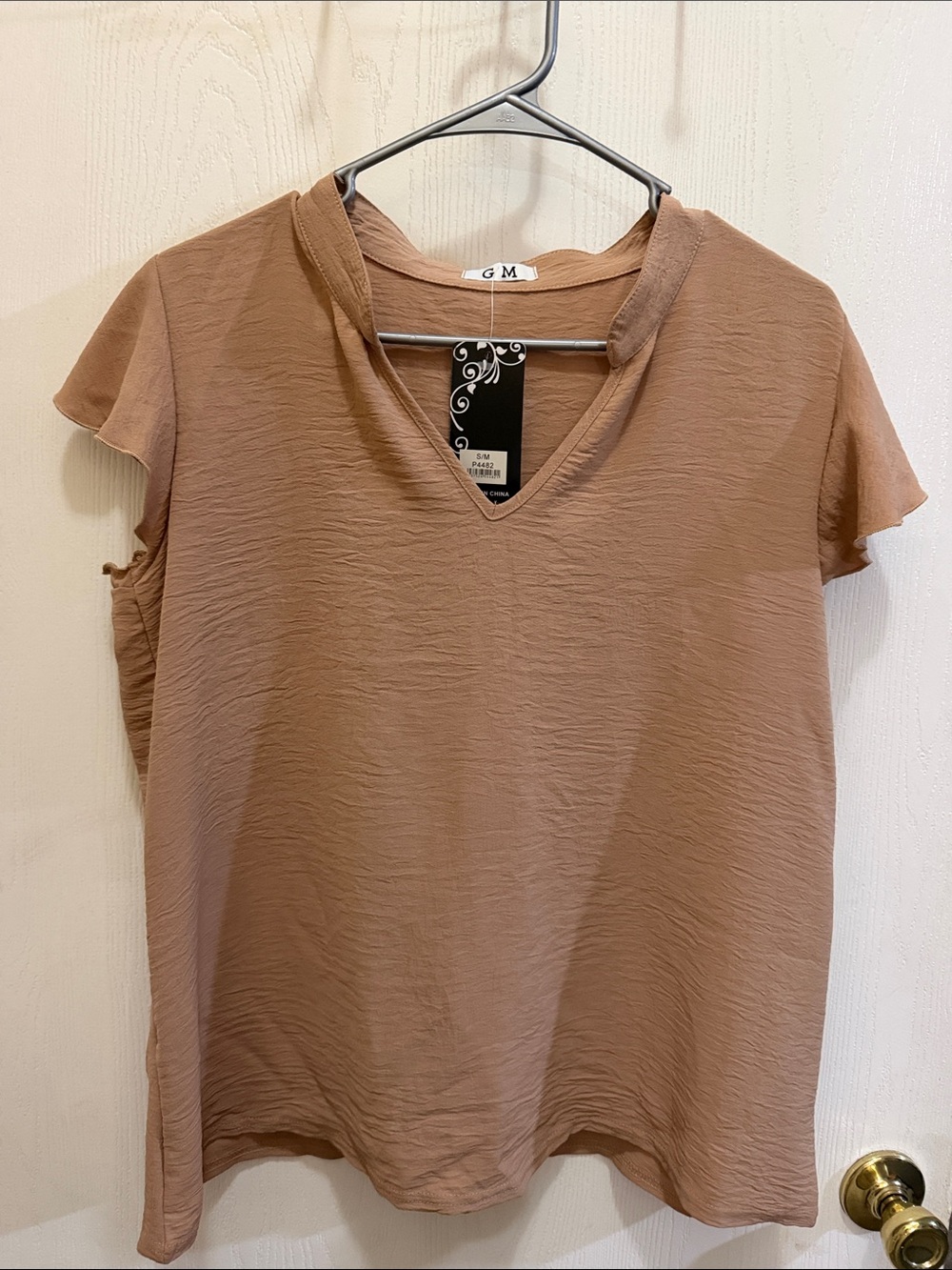 Women's V-Neck Short Sleeve Blouse - Taupe Brown